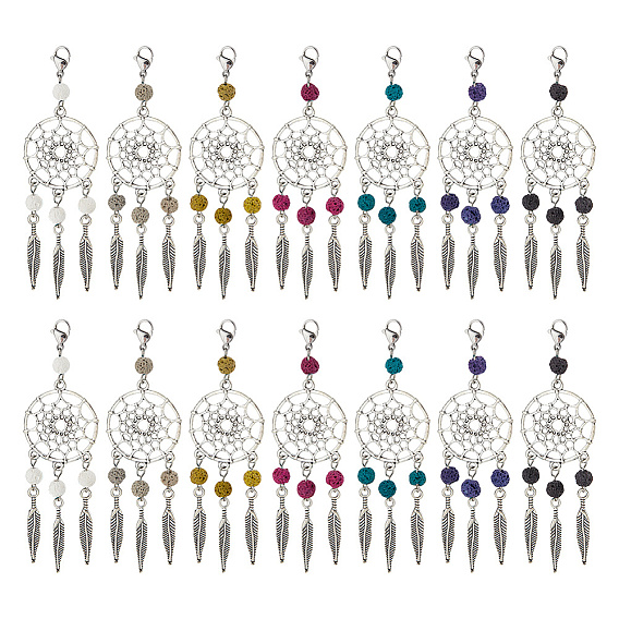 28 шт. 7 цвета, окрашенные в натуральный лавовый камень и тибетский стиль, подвески из сплава, украшения, с карабин-лобстерами , тканая сеть / паутина с пером