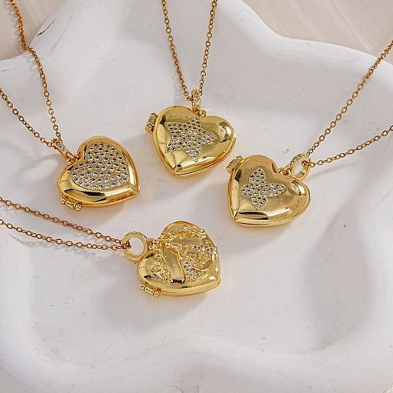 Европейская и американская мода в форме сердца, латунный медальон со стразами и подвесками в форме сердца, ожерелья, с кабельной цепочкой для женщин и девочек