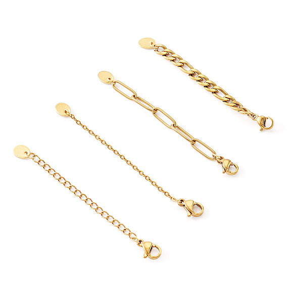 4Pcs 4 Styles 304 Stainless Steel Chain Extender, with Lobster Claw Clasps