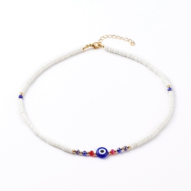 Polymer Clay Heishi Beaded Necklaces, with Evil Eye Lampwork Beads, Brass Beads and Glass Round Beads, Golden