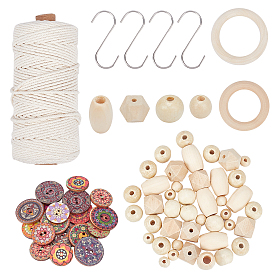 PandaHall Elite DIY Wood Home Decoration Kits, Including Cotton String Threads, Wood Linking Rings & Wood Beads, Printed Poplar Wood Buttons
