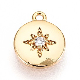 Латунные микропаве прозрачные подвески с фианитом, плоские круглые со звездой, без кадмия, без никеля и без свинца