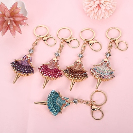 Rhinestone Ballet Dancer Pendant Keychains with Enamel, Light Gold Plated Alloy Findings