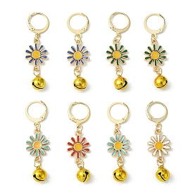 Daisy Alloy Enamel Pendants Decoraiton, with Brass Bell Charms and 304 Stainless Steel Leverback Earring Findings