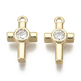 Brass Micro Pave Cubic Zirconia Tiny Cross Charms, Nickel Free, Real 18K Gold Plated
