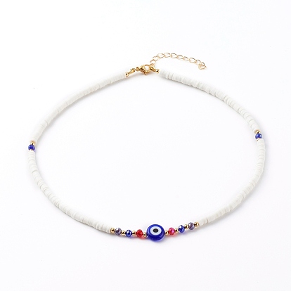 Polymer Clay Heishi Beaded Necklaces, with Evil Eye Lampwork Beads, Brass Beads and Glass Round Beads, Golden
