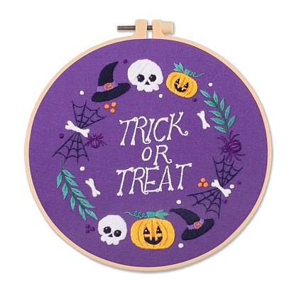 Halloween Themed DIY Embroidery Sets, Including Imitation Bamboo Embroidery Frame, Iron Pins, Embroidered Cloth, Cotton Colorful Embroidery Threads