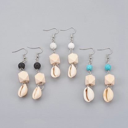 Cuelga los pendientes de piedras preciosas redondas, con caparazón de cowrie, cuentas de madera y ganchos del pendiente de bronce