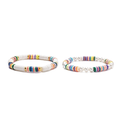 2Pcs 2 Style Shell Pearl & Polymer Clay Stretch Bracelets Set, Preppy Bracelets for Women