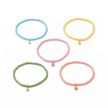 Glass Seed Beaded Stretch Bracelet with Flower Charms for Women