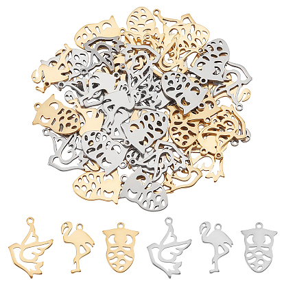 60Pcs 6 Style 304 Stainless Steel Pendants, Laser Cut, Flamingos & Dove & Owl