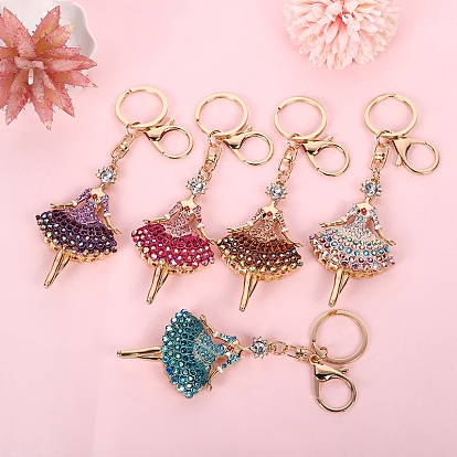 Rhinestone Ballet Dancer Pendant Keychains with Enamel, Light Gold Plated Alloy Findings