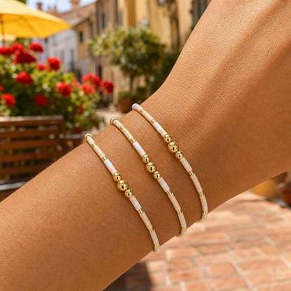Brass Round and Glass Seed Beads Stretch Bracelet Sets for Women, Adjustable Stackable Bracelets, Golden