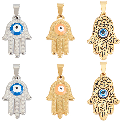6Pcs 3 Style 304 Stainless Steel Pendants, Hamsa Hand/Hand of Miriam Pendants, with Evil Eye Lampwork or Enamel