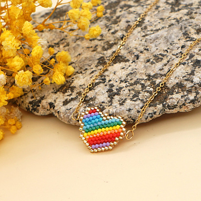 Handmade Rainbow Heart Bracelet and Necklace Set with Beaded Miyuki for Women