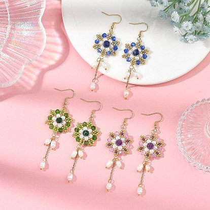 304 Stainless Steel with Glass Beads Dangle Earrings, Flower, Natural Mixed Gemstone and Synthetic Malachite Beads Dangle Earrings