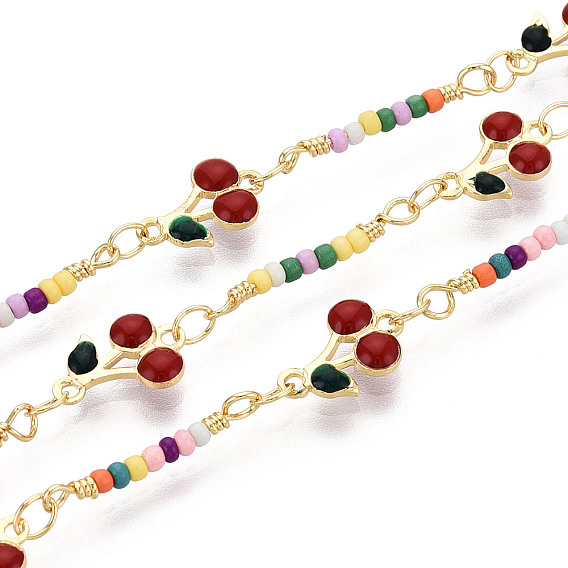 Латунные эмалевые цепочки из вишневых звеньев, с бисером, пайки, без кадмия, без никеля и без свинца, с катушкой, реальный 18 k позолоченный