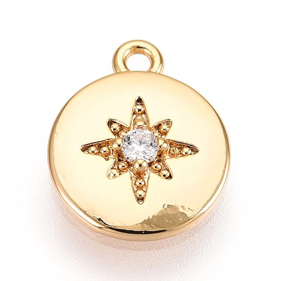 Латунные микропаве прозрачные подвески с фианитом, плоские круглые со звездой, без кадмия, без никеля и без свинца