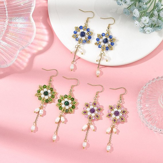 304 Stainless Steel with Glass Beads Dangle Earrings, Flower, Natural Mixed Gemstone and Synthetic Malachite Beads Dangle Earrings