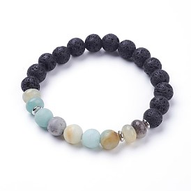 Natural Gemstone Stretch Bracelets, with Brass Flat Round Bead Spacers