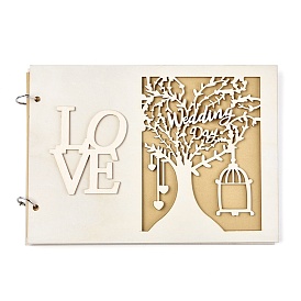 Wooden Wedding Guestbooks Notepad, for Wedding Decoration, Rectangle with Hollow Tree and Cage, Word Love