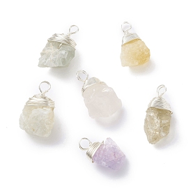 Natural Mixed Stone Pendants, with Silver Color Plated Eco-Friendly Copper Wire, Nuggets
