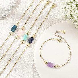 Natural Mixed Stone Rectangle & Moon Star Brass Beaded Bracelets, 304 Stainless Steel Satellite Chains Bracelets, Golden