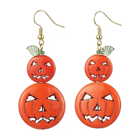 Dyed Synthetic Turquoise & Glass Dangle Earrings, Halloween Pumpkin Long Drop Earrings