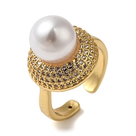 Rack Plating Brass Micro Pave Clear Cubic Zirconia Open Cuff Rings, with Round ABS Plastic Imitation Pearl Beads, Long-Lasting Plated