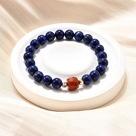 Круглые бусины из натурального лазурита и бусины из южного красного агата, эластичные браслеты, составные браслеты для женщин, с 925 распорными бусинами из стерлингового серебра, случайный с бумажной и пластиковой коробкой