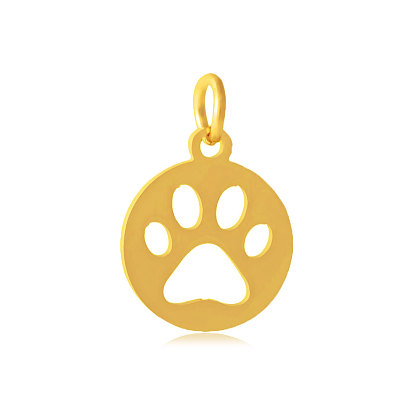 304 Stainless Steel Pendants, Flat Round with Dog Paw Prints