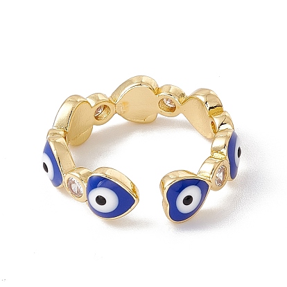 Heart with Evil Eye Enamel & Clear Cubic Zirconia Open Cuff Ring, Real 18K Gold Plated Brass Jewelry for Women, Lead Free & Cadmium Free