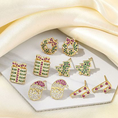 Рождественская стойка позолоченная латунь кубический цирконий серьги-гвоздики, реальный 18 k позолоченный, долговечный, без свинца и без кадмия