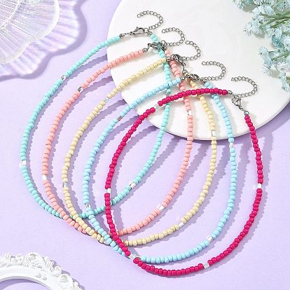 4MM Glass Seed Beaded Necklaces for Women, Stainless Steel Color