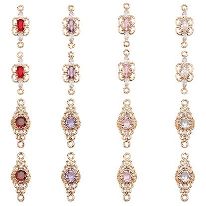 16шт 8 стиль латунные подвески-соединители с кубическим цирконием, со стеклом, долговечный, золотой свет, разнообразные