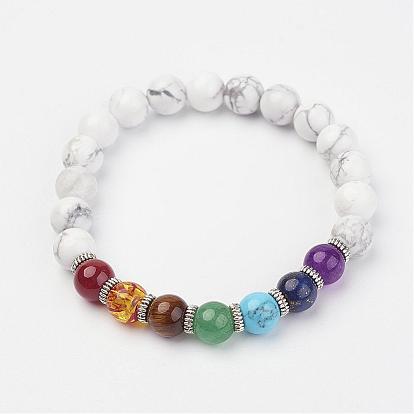 Gemstone Beaded Stretch Bracelets, with Alloy Spacer Beads
