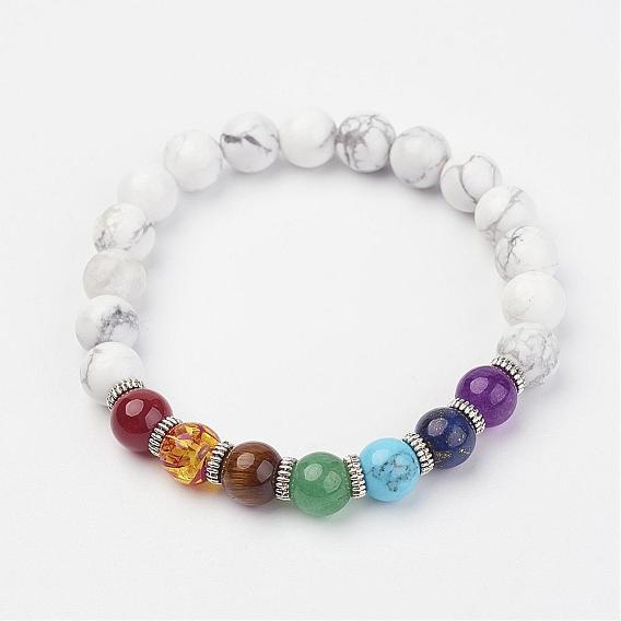 Gemstone Beaded Stretch Bracelets, with Alloy Spacer Beads