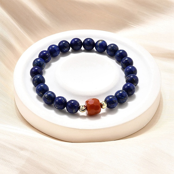 Круглые бусины из натурального лазурита и бусины из южного красного агата, эластичные браслеты, составные браслеты для женщин, с 925 распорными бусинами из стерлингового серебра, случайный с бумажной и пластиковой коробкой
