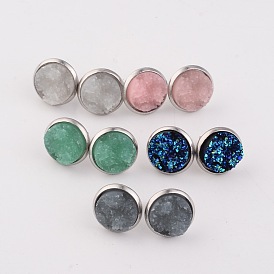 Flat Round 304 Stainless Steel Druzy Resin Ear Studs, 14x7mm, Pin: 0.7mm