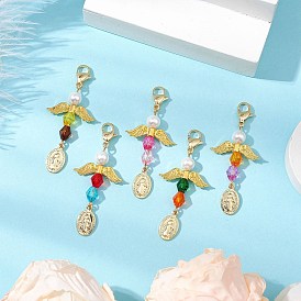 Angel Acrylic & Shell Pearls Pendant Decorations, Brass Oval and Lobster Claw Clasps Charms for Keychain, Purse, Backpack Ornament