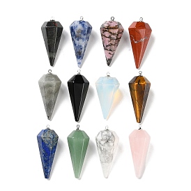 Mixed Gemstone Pendants, Faceted Cone Charms with Platinum Tone Iron Pendant Bails