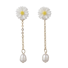 Natural Pearl & Resin Sunflower Dangle Stud Earrings, Golden 304 Stainless Steel Chains Tassel Earrings