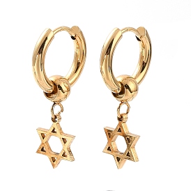 6Pairs Vacuum Plating 201 Stainless Steel Star of David Dangle Hoop Earrings with 304 Stainless Steel Pin for Women