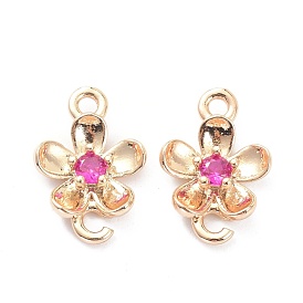 Brass Micro Pave Cubic Zirconia Charms Link Connectors, Long-Lasting Plated, Flower, Real 14K Gold Plated