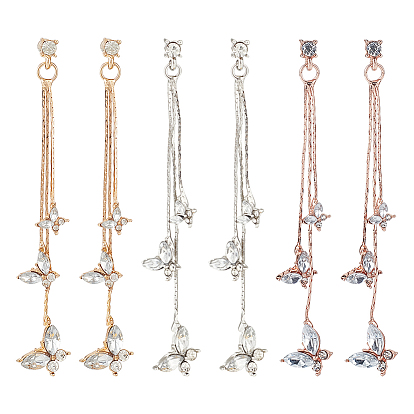3 пары 3 цвета серьги-гвоздики в форме бабочки со стразами, длинные серьги-подвески с кисточками из сплава для женщин