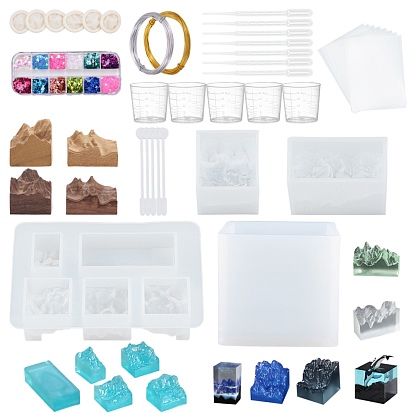 Silicone Molds, Resin Casting Molds, For UV Resin, Epoxy Resin Jewelry Making, Mountain, Disposable Plastic Transfer Pipettes, Transparent Plastic Round Stirring Rod and Aluminum Wire