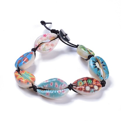 Printed Cowrie Shell Bead Bracelets, with Cowhide Leather Cord and 304 Stainless Steel Buttons