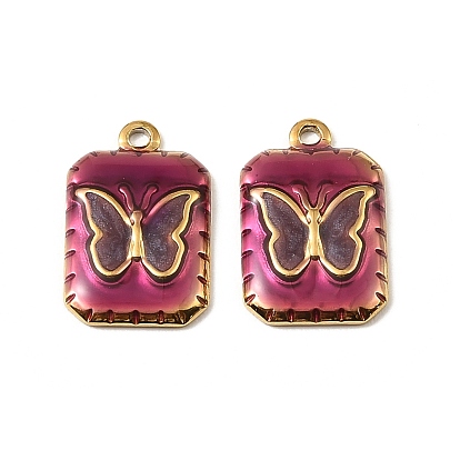 304 Stainless Steel Enamel Pendants, Rectangle with Butterfly Charms, Real 18K Gold Plated, Ion Plating(IP)