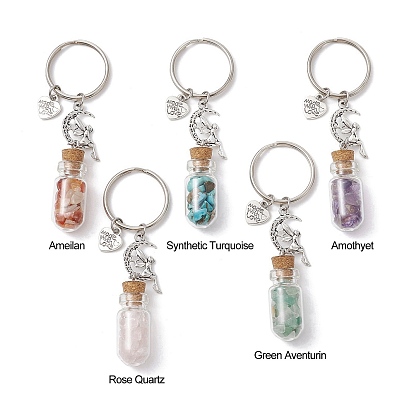 5Pcs 5 Styles Glass Wishing Bottle Pendant Keychains, with Gemstone Chip Beads inside and Iron Split Key Rings