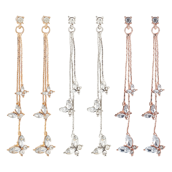 3 пары 3 цвета серьги-гвоздики в форме бабочки со стразами, длинные серьги-подвески с кисточками из сплава для женщин